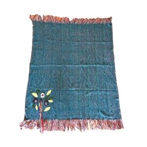 Pier 1 Throw Blanket Teal Green Blue Floral Appliqued Flowers Fringe 50" X 65"